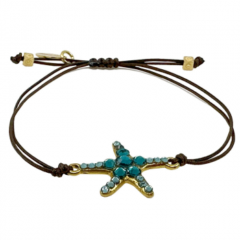 Ekaterini friendship bracelet, starfish, turquoise Swarovski crystals brown cord and with gold accents, side